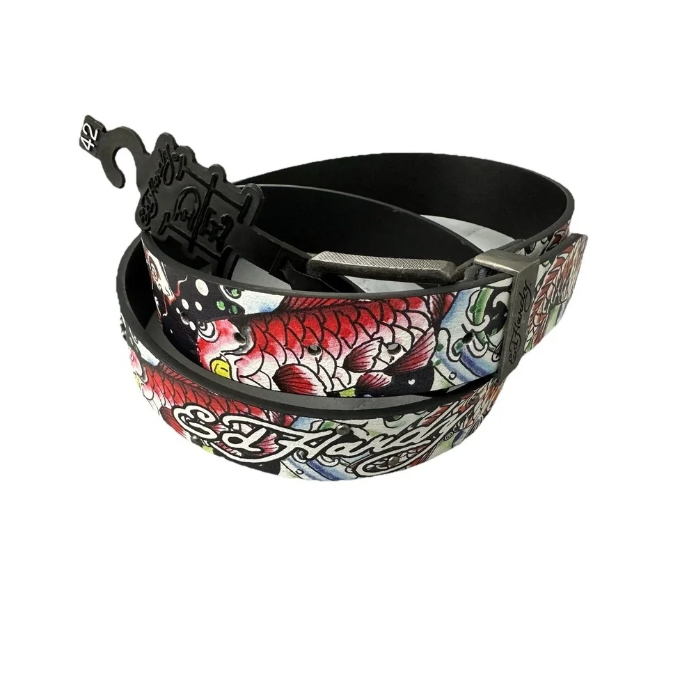 Ed‎ Hardy Men's Coy Fish Print Black Belt With Rivet Studs Size 42 New